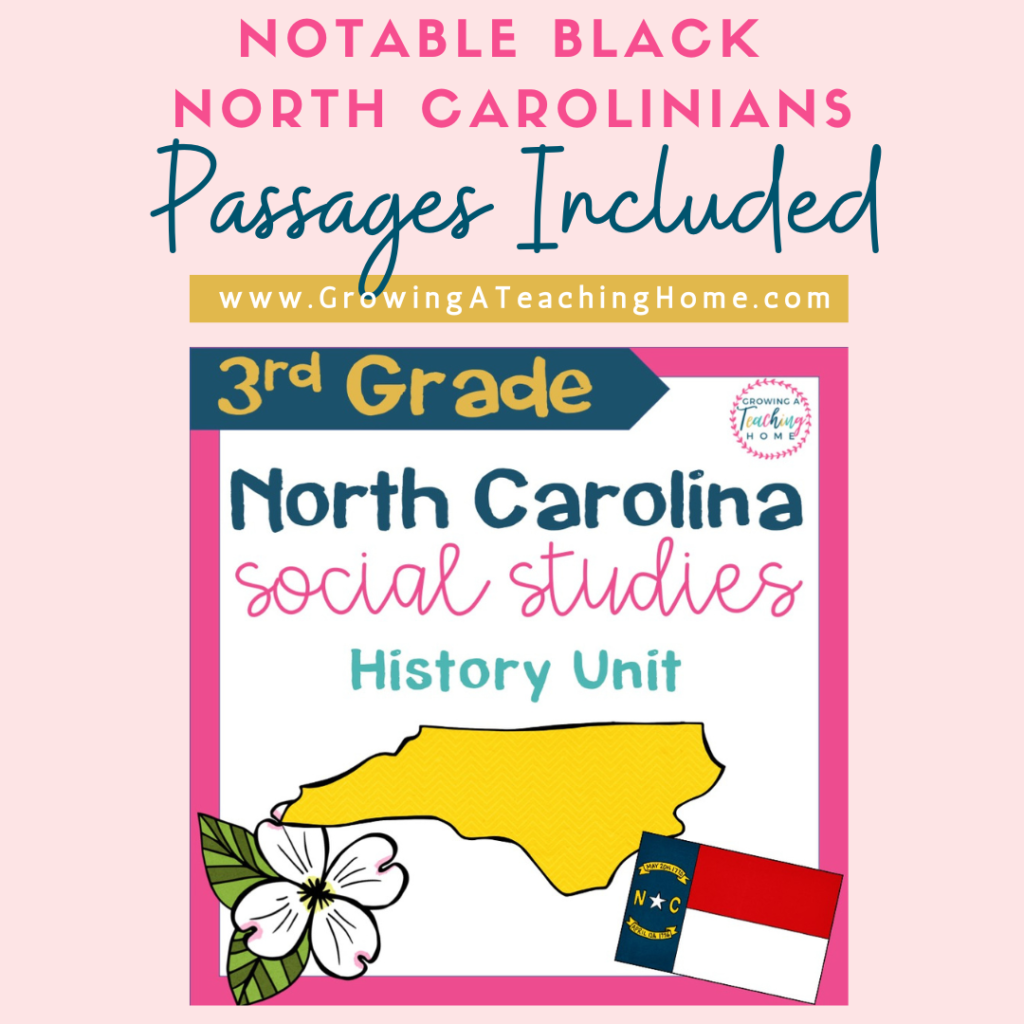 Text says, "Notable Black North Carolinians Passages Included" with an image of the front cover of this N.C. Social Studies History Unit.