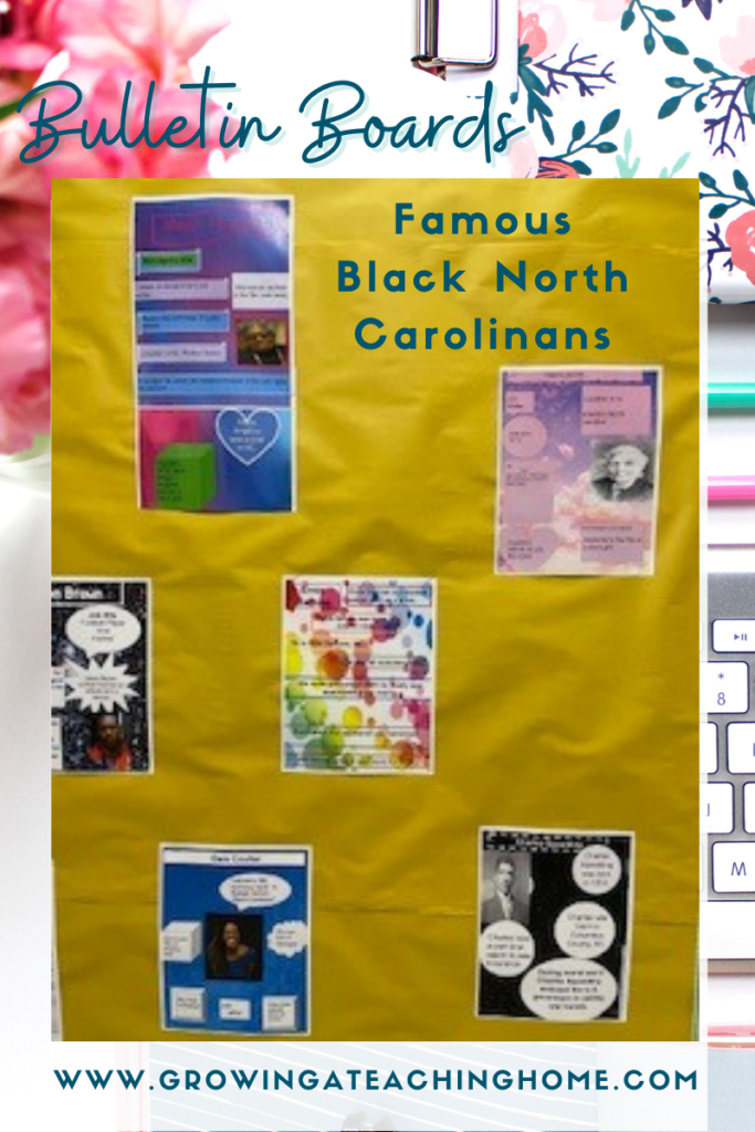 A bulletin board celebrating student achievement by showing famous black North Carolinian posters created by students.