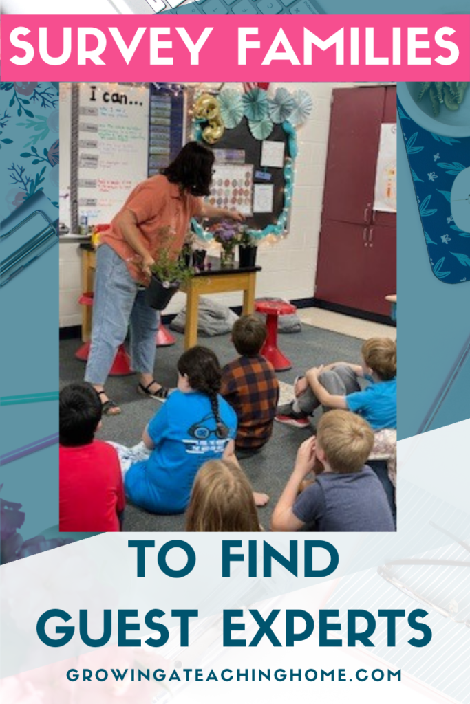 Text says, "Survey families to find guest experts" and image of a woman guest expert showing a classroom of students some plants.