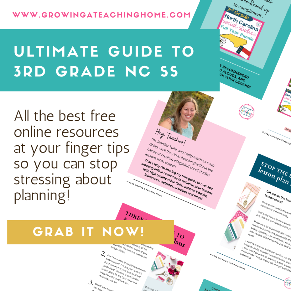 Text says, "All the best free online resources at your finger tips so you can stop stressing about planning! The Ultimate Guide to 3rd grade NC Social studies videos for third grade freebie!