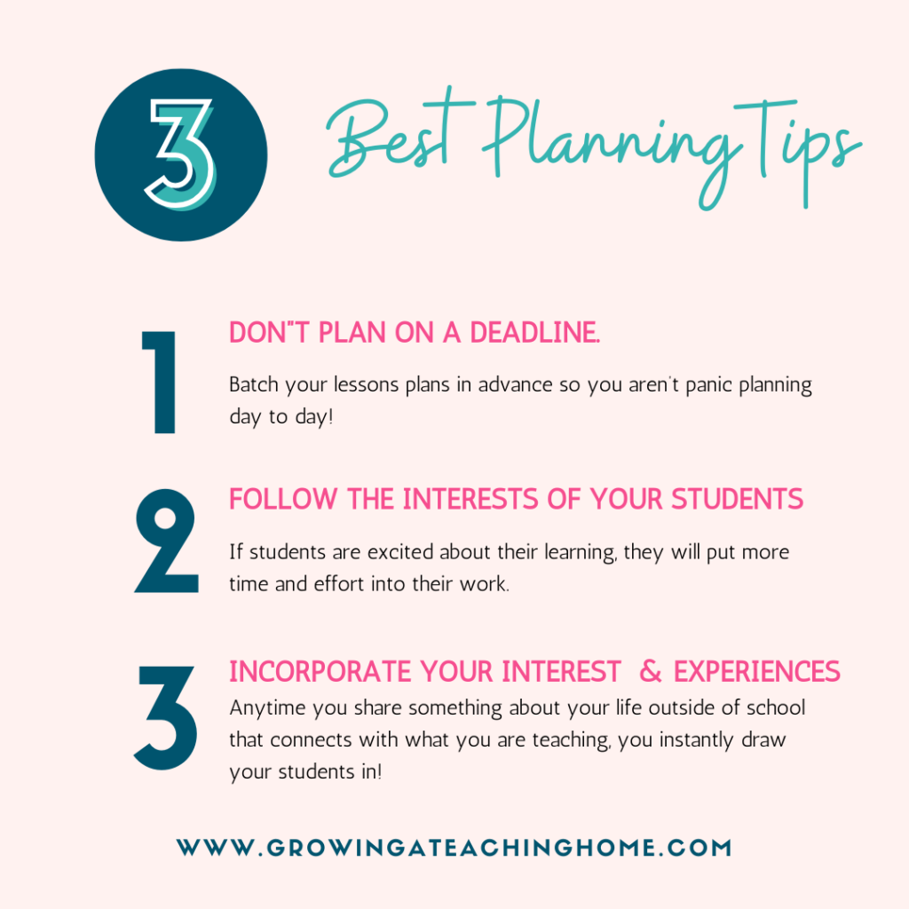 Texts says, "3 Best Planning Tips" 1- Don't plan on a deadline, 2- follow the interests of your students, 3- incorporate your interests and experiences.  These three teacher time management hacks with be explained below.