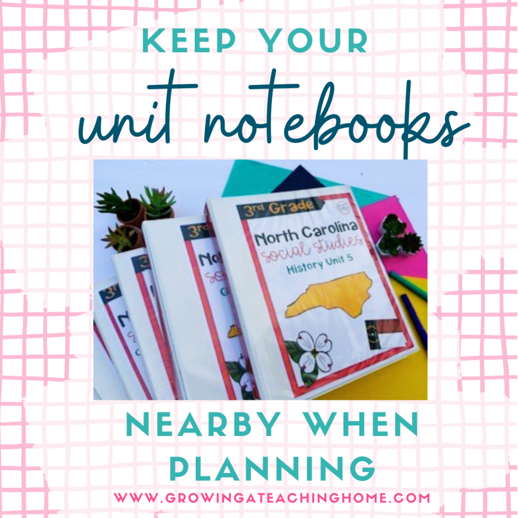 Text says, "keep your unit notebooks nearby when planning" which is one of several tips for teacher time management.