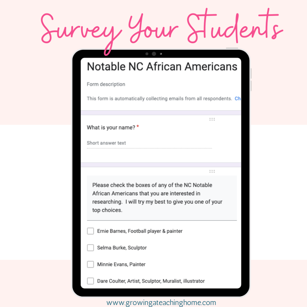 A photo of a device screen with a digital student survey so that students can share their preferences for wax museum character ideas.