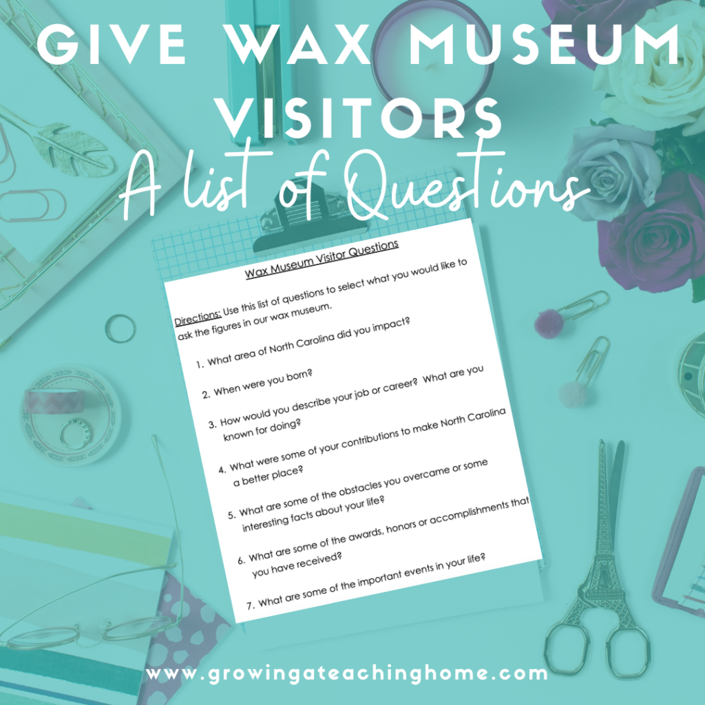 Text says, "give wax museum visitors a list of questions" and the image shows a list of questions for visitors to ask wax museum famous figures.