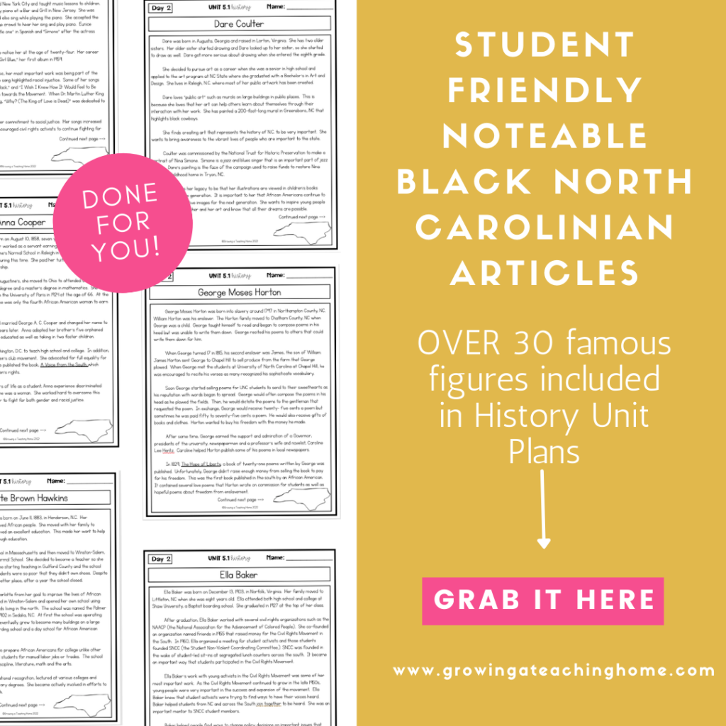 Text says, "student friendly notable black north carolinian articles.  Over 30 famous figures included in history unit plans."  Image of several black North Carolinian articles